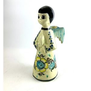 Tonala Mexican Pottery Praying Angel Candlestick Holder - Vintage Folk Art
